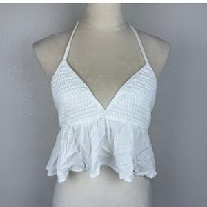 GARAGE White Crochet Halter Peplum Crop Top Women's Flowy Boho Cottage Size‎ M